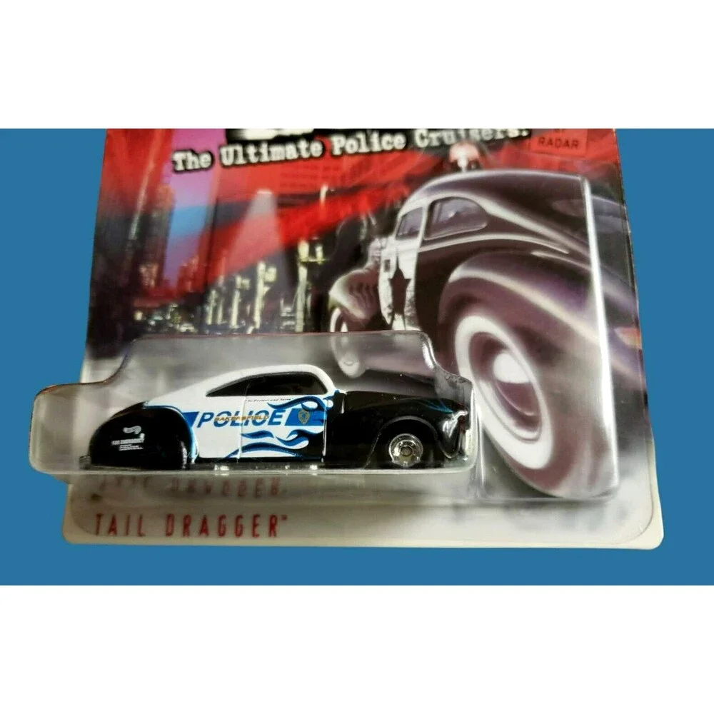 1999 Hot Wheels TAIL DRAGGER White & Back Cop Rods Bakersfield CA Police Cruiser